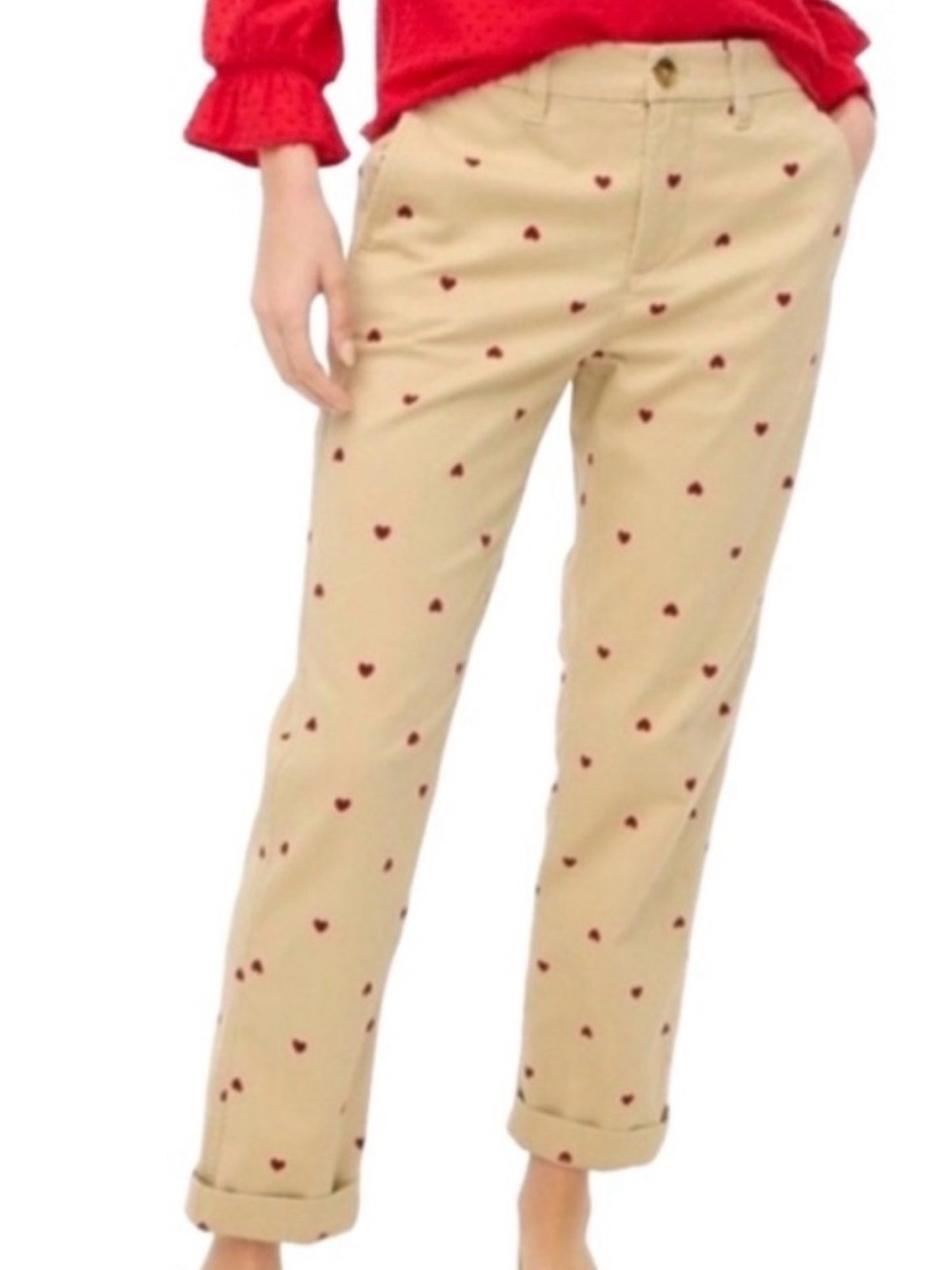 J.Crew Chino khaki Heart-Print Pants- women’s high-rise girlfriend size 12